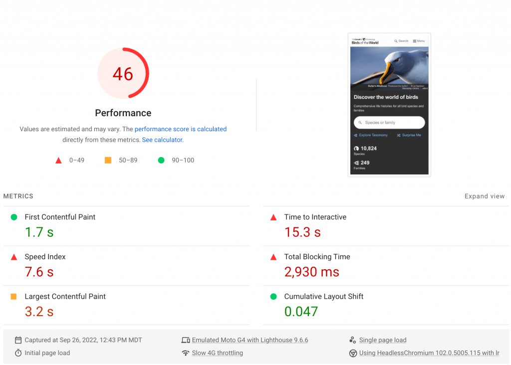 BOW's mobile site scores a 46 on PageSpeed.web.dev. The number is in red surrounded by a red half-circle to indicate poor, high-alert performance issues. The applications shows speed index, largest contentful paint, time to interactive, and total blocking time as the biggest performance issues.