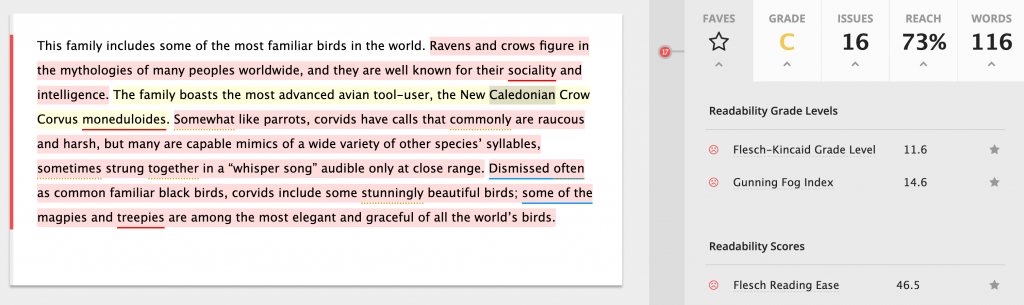Readable.com gives the first paragraph of the Corvid family page a C Grade for readability, with 16 issues and 73% reach. The Flesch-Kincaid Grade Level is 11.6, the Gunning Fog Index is 14.6, and Flesch Reading ease is 46.5